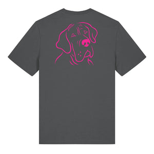 Magenta outline illustration of the head of a Great Dane on the back of an anthracite grey unisex t-shirt