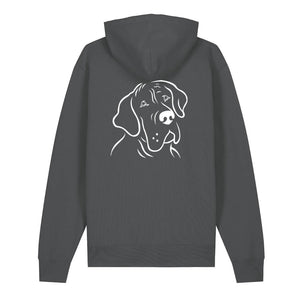 White outline illustration of the head of a Great Dane on the back of an anthracite grey unisex Hoodie