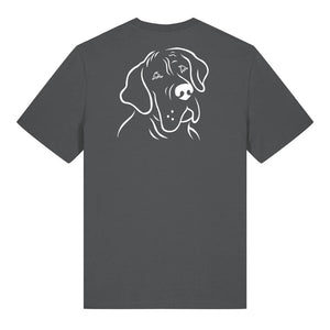 White outline illustration of the head of a Great Dane on the back of an anthracite grey unisex t-shirt