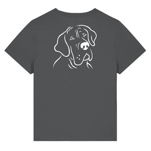 White outline illustration of the head of a Great Dane on the back of an anthracite grey ladies t-shirt