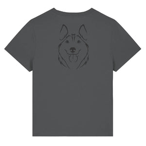 Black outline illustration of the head of a Husky on the back of an anthracite grey ladies t-shirt