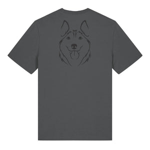 Black outline illustration of the head of a Husky on the back of an anthracite grey unisex t-shirt