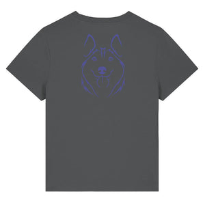 Blue outline illustration of the head of a Husky on the back of an anthracite grey ladies t-shirt