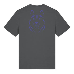 Blue outline illustration of the head of a Husky on the back of an anthracite grey unisex t-shirt