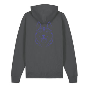 Blue outline illustration of the head of a Husky on the back of an anthracite grey unisex Hoodie