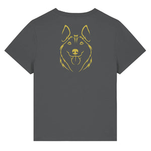 Gold outline illustration of the head of a Husky on the back of an anthracite grey ladies t-shirt