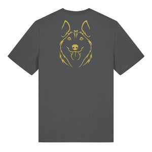 Gold outline illustration of the head of a Husky on the back of an anthracite grey unisex t-shirt
