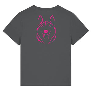 Magenta outline illustration of the head of a Husky on the back of an anthracite grey ladies t-shirt