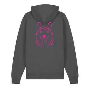 Magenta outline illustration of the head of a Husky on the back of an anthracite grey unisex Hoodie