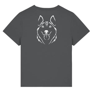 White outline illustration of the head of a Husky on the back of an anthracite grey ladies t-shirt