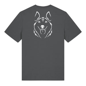 White outline illustration of the head of a Husky on the back of an anthracite grey unisex t-shirt