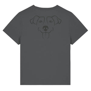 Black outline illustration of the head of a Jack Russell on the back of an anthracite grey ladies t-shirt