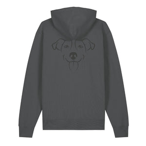 Black outline illustration of the head of a Jack Russell on the back of an anthracite grey unisex Hoodie