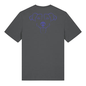 Blue outline illustration of the head of a Jack Russell on the front of an anthracite grey unisex t-shirt