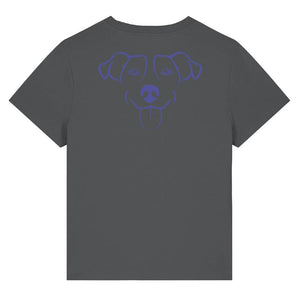 Blue outline illustration of the head of a Jack Russell on the back of an anthracite grey ladies t-shirt