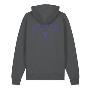 Blue outline illustration of the head of a Jack Russell on the back of an anthracite grey unisex Hoodie