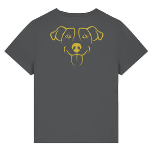 Gold outline illustration of the head of a Jack Russell on the back of an anthracite grey ladies t-shirt