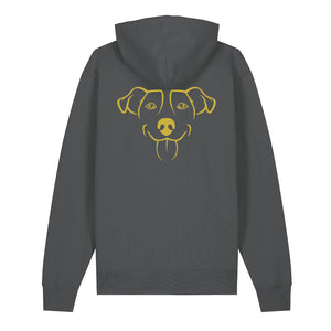 Gold outline illustration of the head of a Jack Russell on the back of an anthracite grey unisex Hoodie