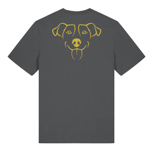 Gold outline illustration of the head of a Jack Russell on the back of an anthracite grey unisex t-shirt