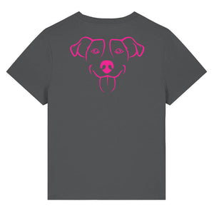 Magenta outline illustration of the head of a Jack Russell on the back of an anthracite grey ladies t-shirt