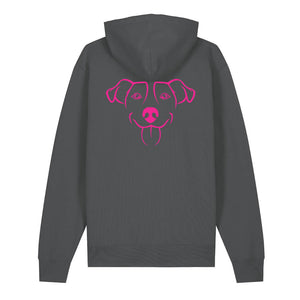 Magenta outline illustration of the head of a Jack Russell on the back of an anthracite grey unisex Hoodie