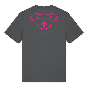 Magenta outline illustration of the head of a Jack Russell on the back of an anthracite grey unisex t-shirt