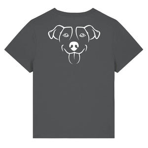 White outline illustration of the head of a Jack Russell on the back of an anthracite grey ladies t-shirt