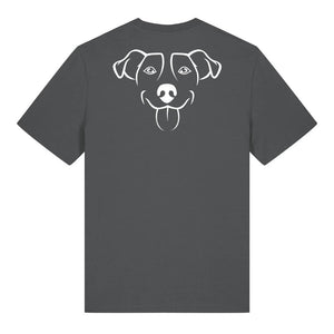 White outline illustration of the head of a Jack Russell on the back of an anthracite grey unisex t-shirt