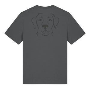 Black outline illustration of the head of a Labrador Retriever on the back of an anthracite grey unisex t-shirt