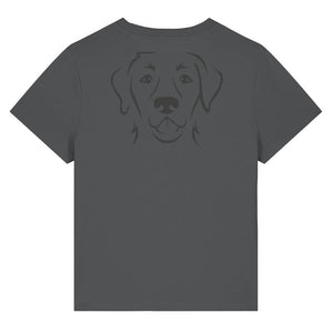 Black outline illustration of the head of a Labrador Retriever on the back of an anthracite grey ladies t-shirt