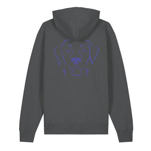 Blue outline illustration of the head of a Labrador Retriever on the back of an anthracite grey unisex Hoodie