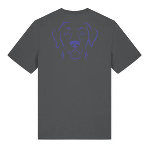 Blue outline illustration of the head of a Labrador Retriever on the back of an anthracite grey unisex t-shirt