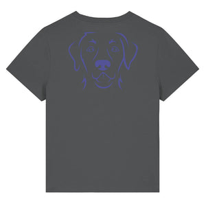 Blue outline illustration of the head of a Labrador Retriever on the back of an anthracite grey ladies t-shirt