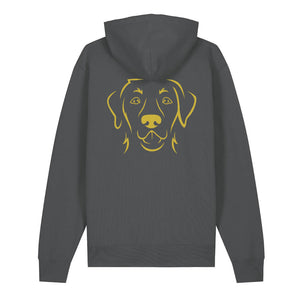 Gold outline illustration of the head of a Labrador Retriever on the back of an anthracite grey unisex Hoodie
