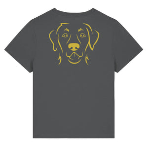 Gold outline illustration of the head of a Labrador Retriever on the back of an anthracite grey ladies t-shirt
