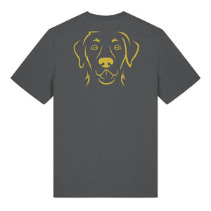 Gold outline illustration of the head of a Labrador Retriever on the back of an anthracite grey unisex t-shirt