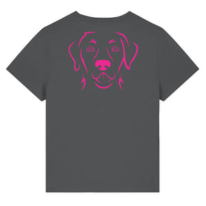 Magenta outline illustration of the head of a Labrador Retriever on the back of an anthracite grey ladies t-shirt