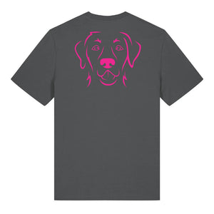 Magenta outline illustration of the head of a Labrador Retriever on the back of an anthracite grey unisex t-shirt