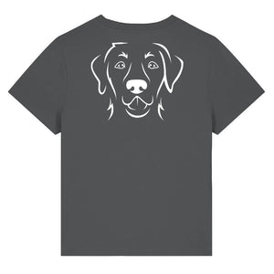 White outline illustration of the head of a Labrador Retriever on the back of an anthracite grey ladies t-shirt