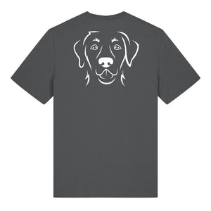 White outline illustration of the head of a Labrador Retriever on the back of an anthracite grey unisex t-shirt