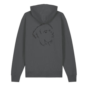 Black outline illustration of the head of a Newfoundland on the back of an anthracite grey unisex Hoodie
