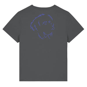 Blue outline illustration of the head of a Newfoundland dog on the back of an anthracite grey ladies t-shirt