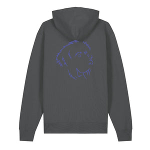 Blue outline illustration of the head of a Newfoundland on the back of an anthracite grey unisex Hoodie