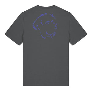Blue outline illustration of the head of a Newfoundland on the back of an anthracite grey unisex t-shirt