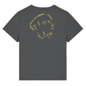 Gold outline illustration of the head of a Newfoundland dog on the back of an anthracite grey ladies t-shirt