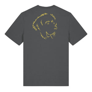 Gold outline illustration of the head of a Newfoundland on the back of an anthracite grey unisex t-shirt