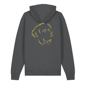Gold outline illustration of the head of a Newfoundland on the back of an anthracite grey unisex Hoodie