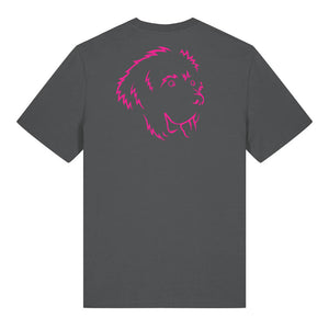 Magenta outline illustration of the head of a Newfoundland on the back of an anthracite grey unisex t-shirt