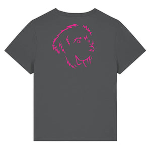 Magenta outline illustration of the head of a Newfoundland dog on the back of an anthracite grey ladies t-shirt