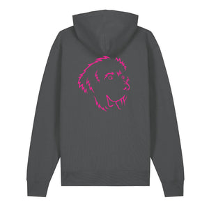 Magenta outline illustration of the head of a Newfoundland on the back of an anthracite grey unisex Hoodie